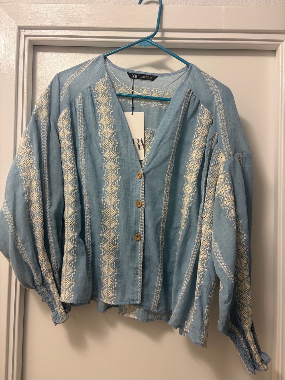 Zara Light Blue Embroidered Button-Front Blouse